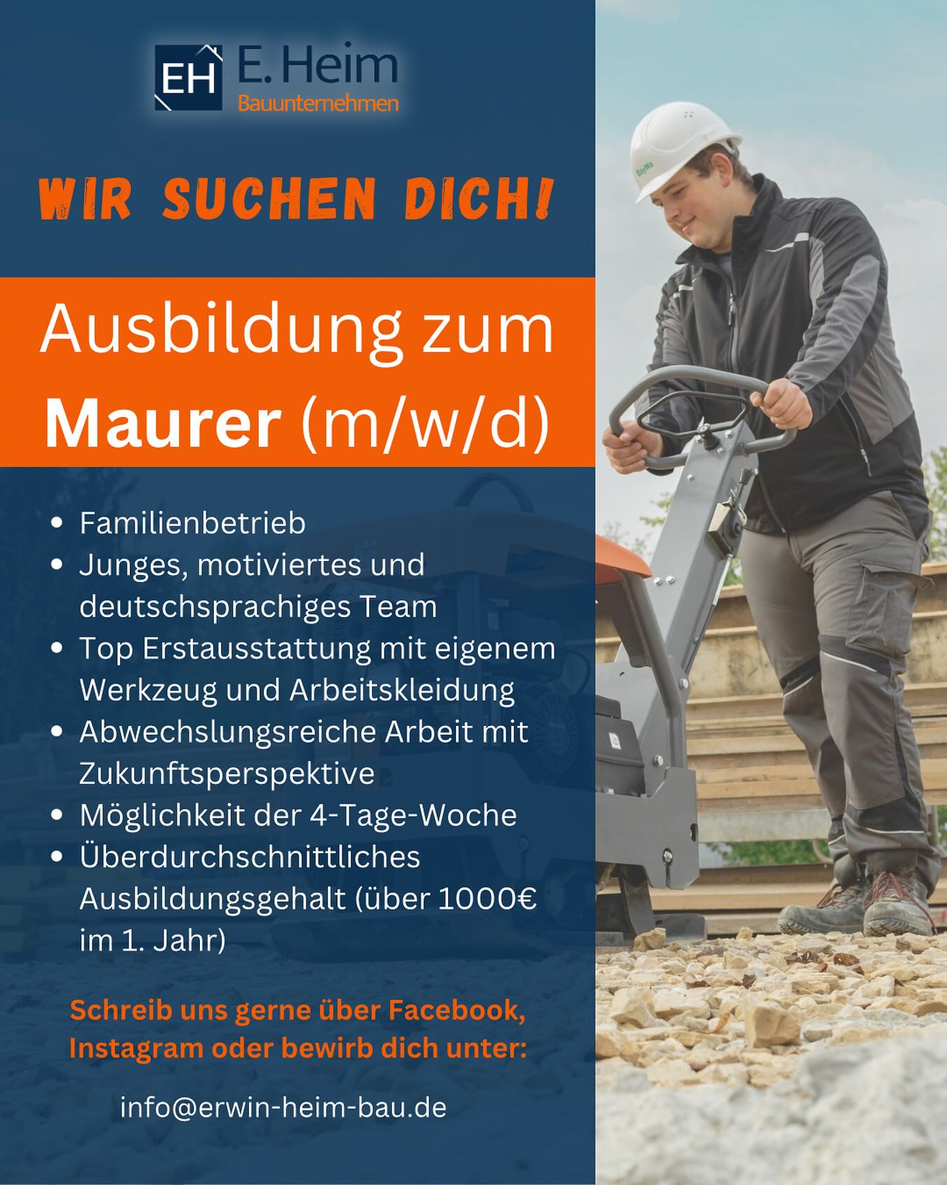 👷🏼‍♂️ Wir suchen dich! 💬

Werde Teil unseres Teams und starte eine Ausbildung mit Zukunft! 🏘️
In unserem modernen Familienunternehmen erlebst du Teamgeist und lernst von Profis die unterschiedlichsten Arbeiten auf der Baustelle - von Grund auf. 🏗️ Zusätzlich hast du bei uns nach der Ausbildung beste Chancen auf eine Übernahme und individuelle Weiterentwicklungsmöglichkeiten. 👨🏽‍💻

Also wenn du aus dem Raum Landshut und Umgebung bist und Lust hast anzupacken, dann komm zum Erwin Heim Bauunternehmen. 💪🏽

Gerne kannst du bei uns auch einfach für einen Schnuppertag vorbeischauen und alles kennenlernen. 🚧

#heimbau #ausbildung #azubi #landshut #handwerk #maurer #zukunft #baustelle