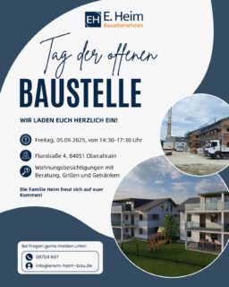 🚨 WIR LADEN EIN… 👷🏼‍♂️

… zu unserem ersten „Tag der offenen Baustelle“ in Oberahrain. Wir wollen euch unser Eigenprojekt mit diesem Event näher bringen. Eingeladen sind alle Interessenten, aber auch Schaulustige. Mit Getränken und Spezialitäten vom Grill ist auch für das leibliche Wohl gesorgt.

Kommt gerne vorbei, wir freuen uns auf euch! 💪🏼

#heimbau #eigenprojekt #schlüsselfertig #wohnungen #zuverkaufen #tagderoffenentür #tagderoffenenbaustelle #ahrain #essenbach