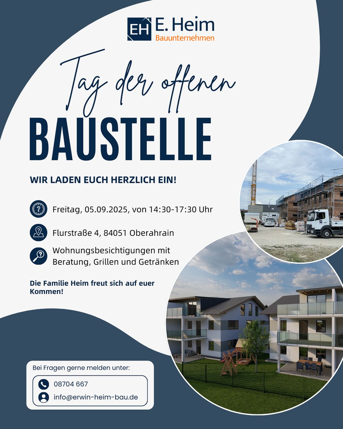 🚨 WIR LADEN EIN… 👷🏼‍♂️

… zu unserem ersten „Tag der offenen Baustelle“ in Oberahrain. Wir wollen euch unser Eigenprojekt mit diesem Event näher bringen. Eingeladen sind alle Interessenten, aber auch Schaulustige. Mit Getränken und Spezialitäten vom Grill ist auch für das leibliche Wohl gesorgt.

Kommt gerne vorbei, wir freuen uns auf euch! 💪🏼

#heimbau #eigenprojekt #schlüsselfertig #wohnungen #zuverkaufen #tagderoffenentür #tagderoffenenbaustelle #ahrain #essenbach